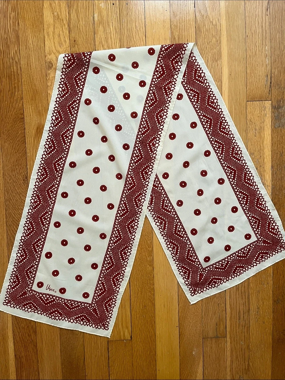 70s Vintage Vera Long Scarf Rust Red Brown & Cream Hand Rolled Headscarf